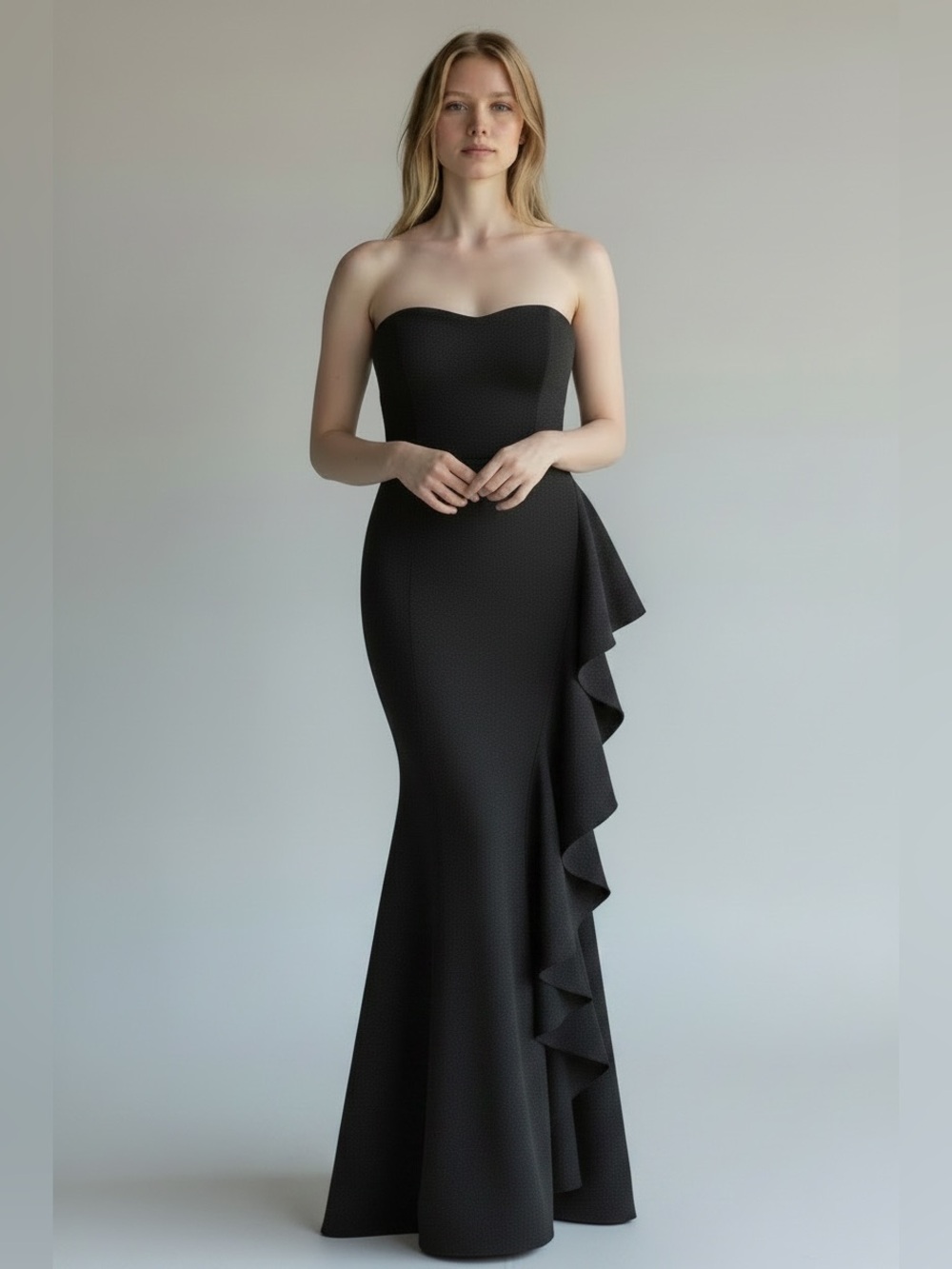 Dress the Population Paris Black Strapless Ruffle Long Gown XL Mermaid Formal